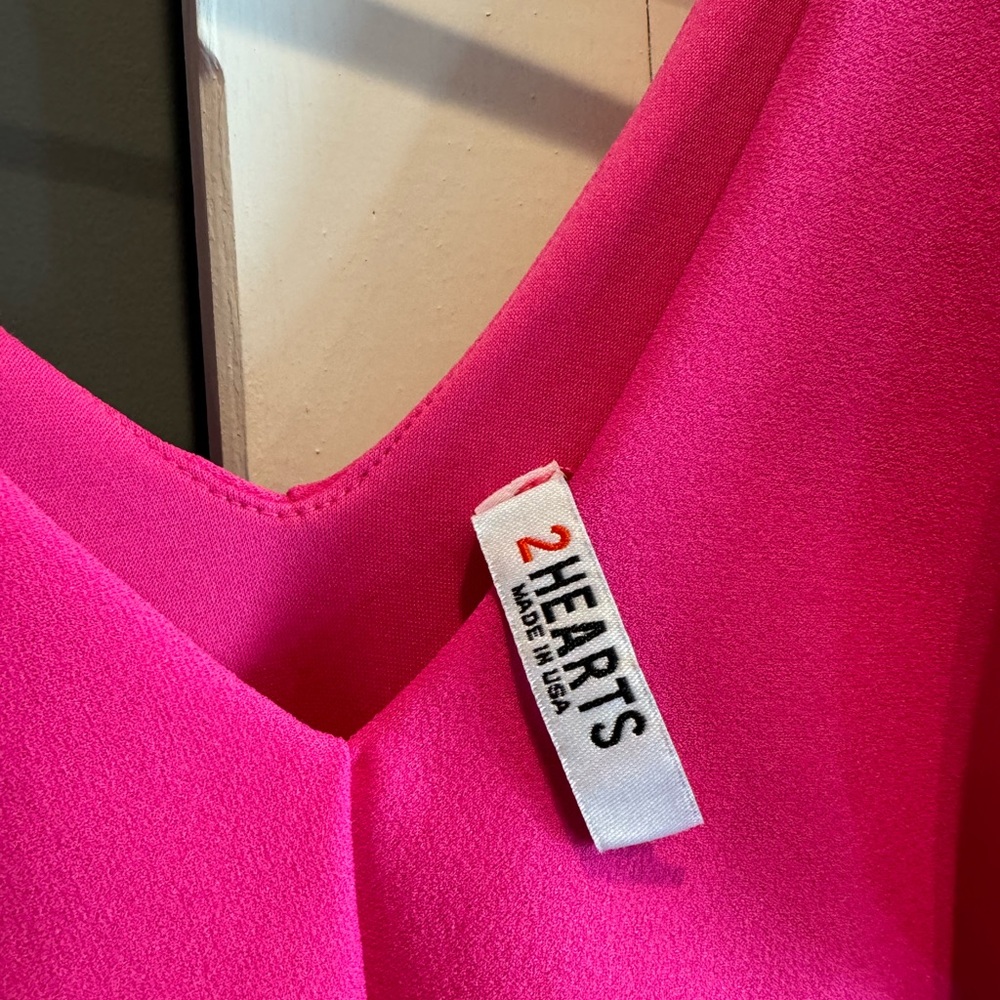 2 Hearts- Hot Pink V neck dress with Ruffle, Size Large, worn once to a Wedding. - Picture 2 of 4